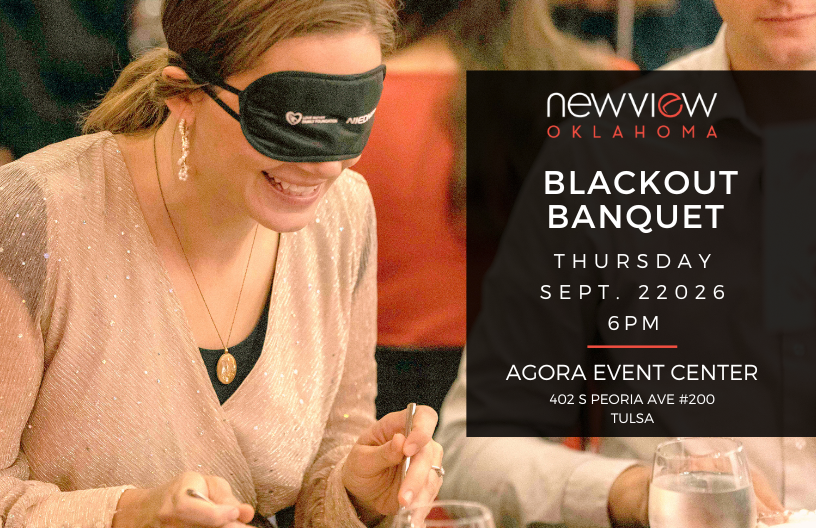 NewView Blackout Banquet with photo of lady who is blindfolded taking a bite of dinner.
