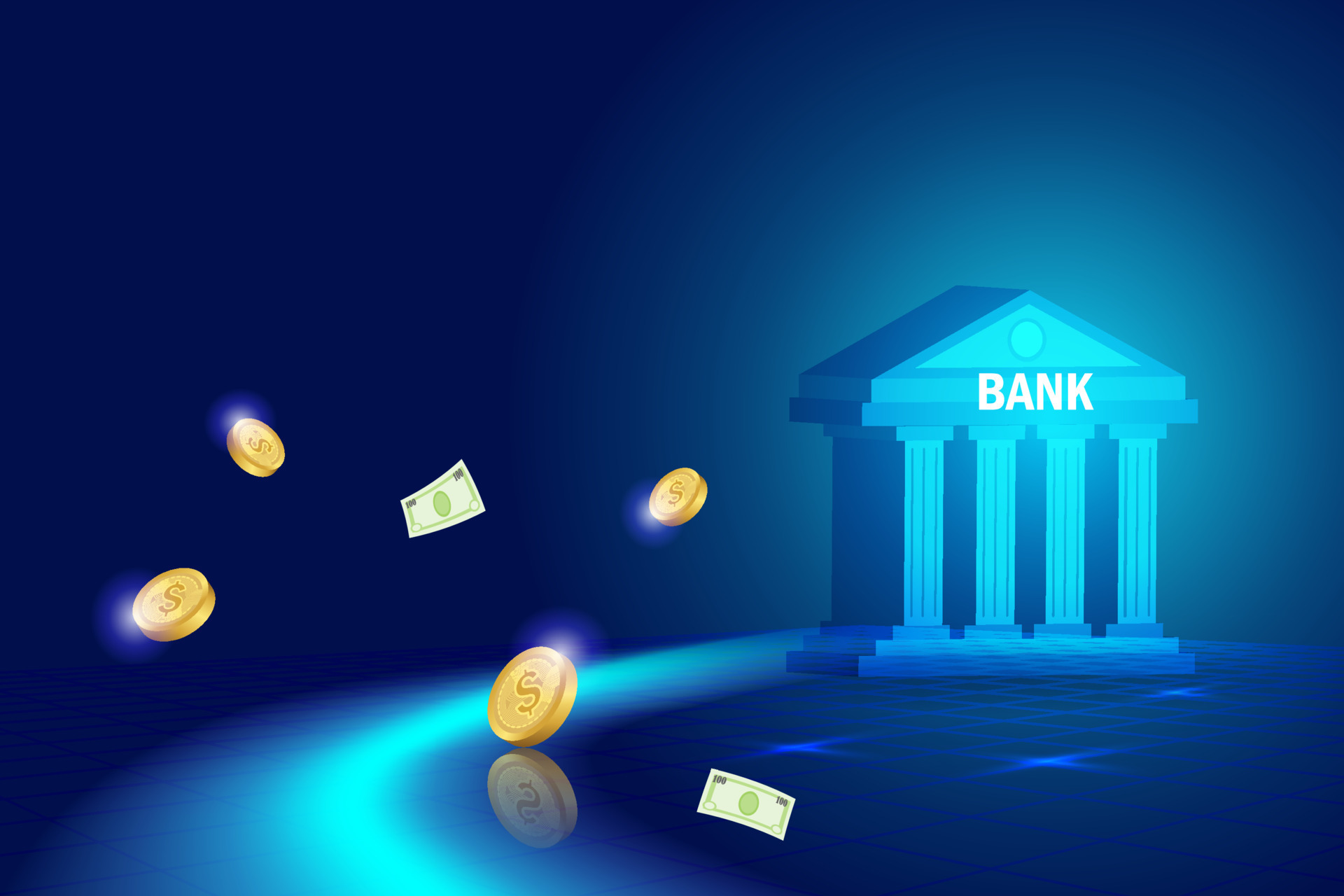 digital image of coins and money going into a bank graphic