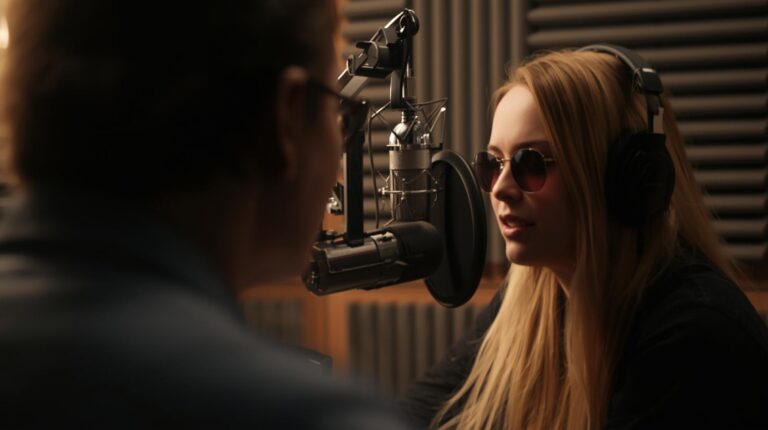 Two people engaged in conversation in a radio interview