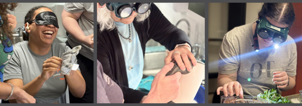 Three images of NewView COTAs and OTs in the training kitchen wearing blindfolds and vision simulation goggles.