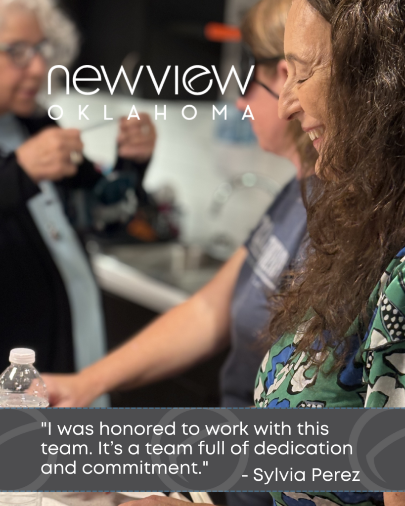 Image of Sylvia Perez smiling in the training kitchen with NewView COTAs and OTs. There is also a quote from her that says, "I was honored to work with this team. It's a team full of dedication and commitment."