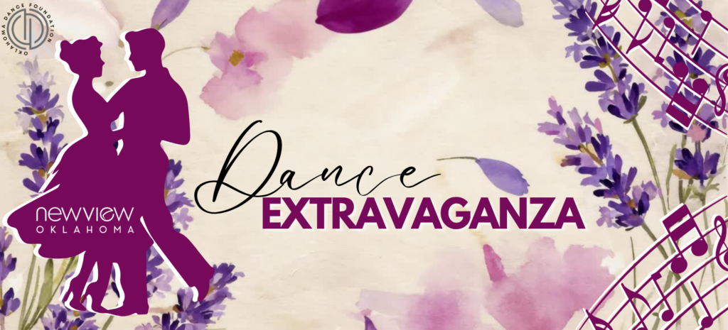 graphic of flowers, a dancing couple in silhouette, and words that say: "Dance Extravaganza"