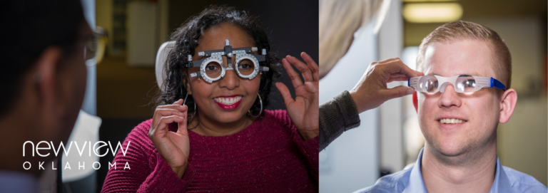 Two new view patients getting separate eye exams. NVO logo bottom left.