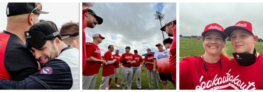 three separate images featuring a mix of players and volunteers during 2025's beep baseball season.