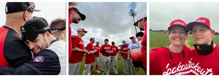three separate images featuring a mix of players and volunteers during 2025's Sooner State Classic beep baseball season.
