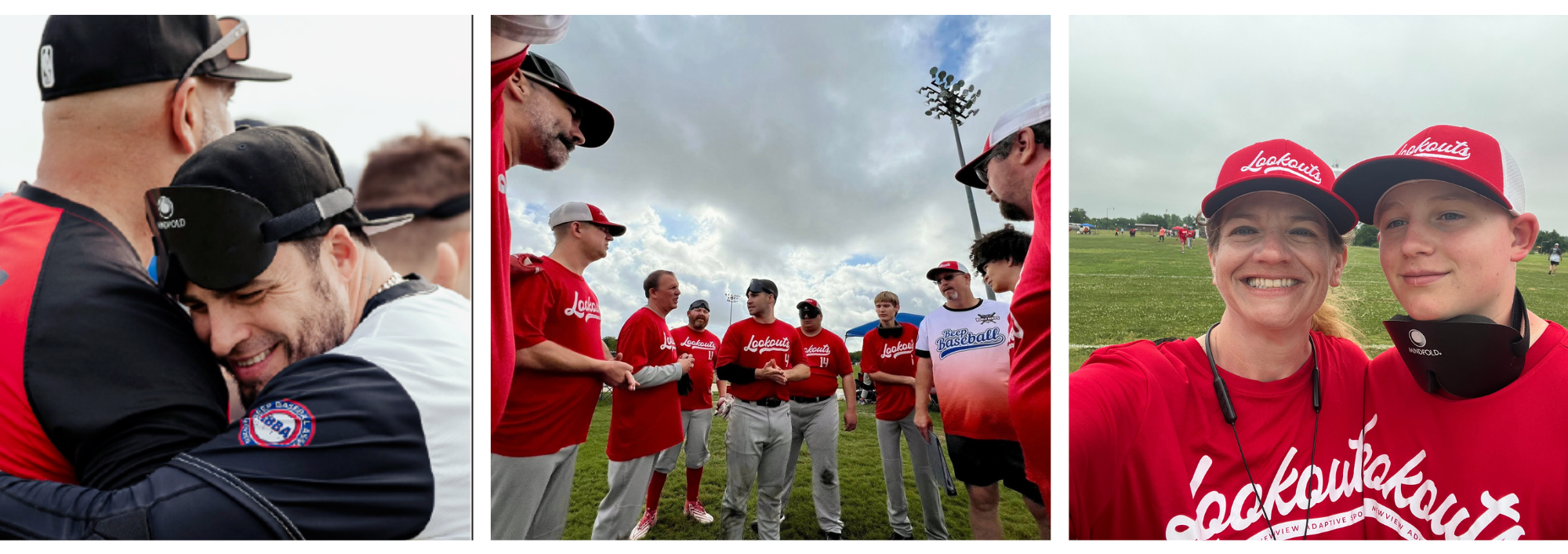 three separate images featuring a mix of players and volunteers during 2025's Sooner State Classic beep baseball season.