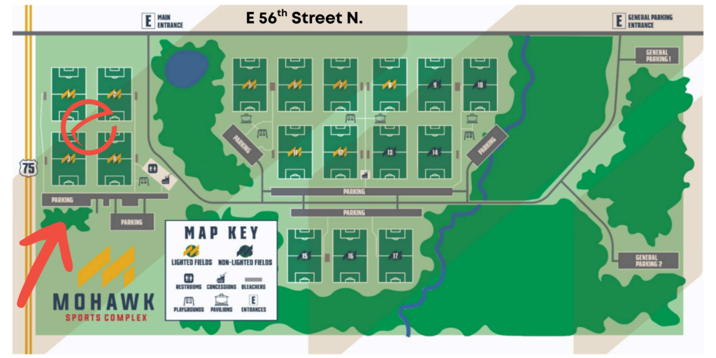 Map of Mohawk Sports Complex, including parking and what fields the Sooner State Classic will be using.