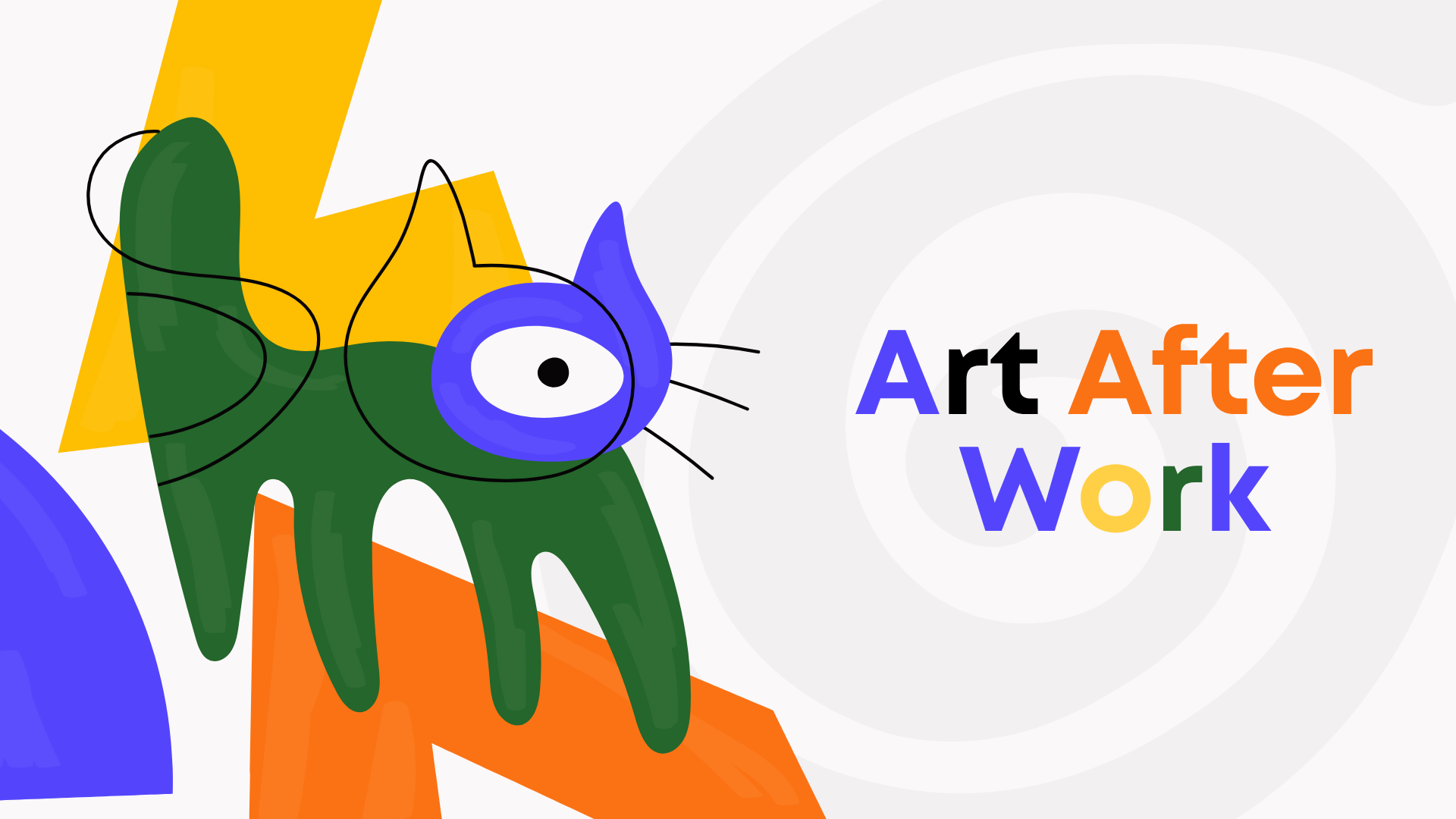 An abstract and colorful representation of a cyclops cat with the words "Art After Work."