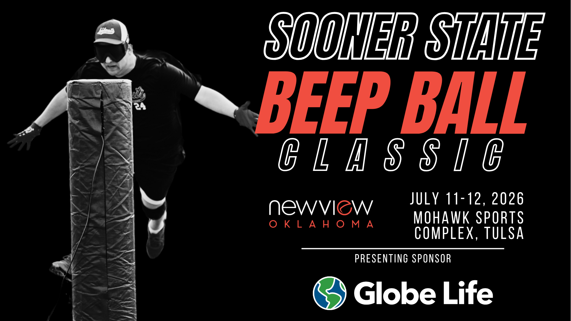Sooner State Beep Ball with a picture of a beep ball player running to a base.