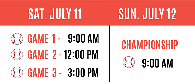 Sat. July 11 - Game 1, 9am; Game 2, 12pm, Game 3, 3pm. Sun. July 12-Championship 9am