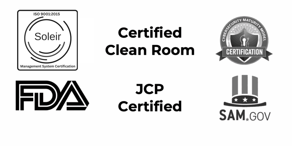 Soleir IS 9001:2015, Certified Clean Room, Cybersecurity Maturity Model Certification, FDA, JCP Certified, SAM.Gov logos