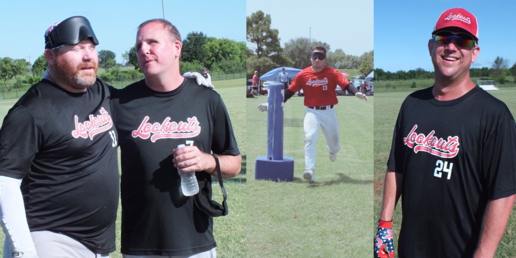 Three photos of Oklahoma Lookouts players at the Sooner State Classic, including two teammates sharing a hug, a player sprinting toward a base, and a player smiling in his cap and jersey.