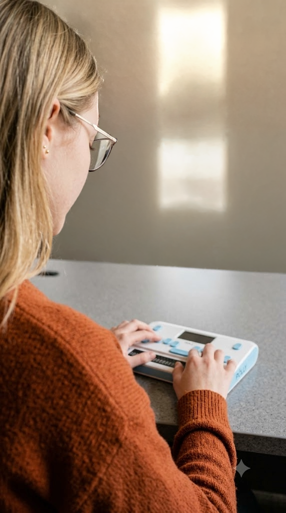 young adult using poly brailler