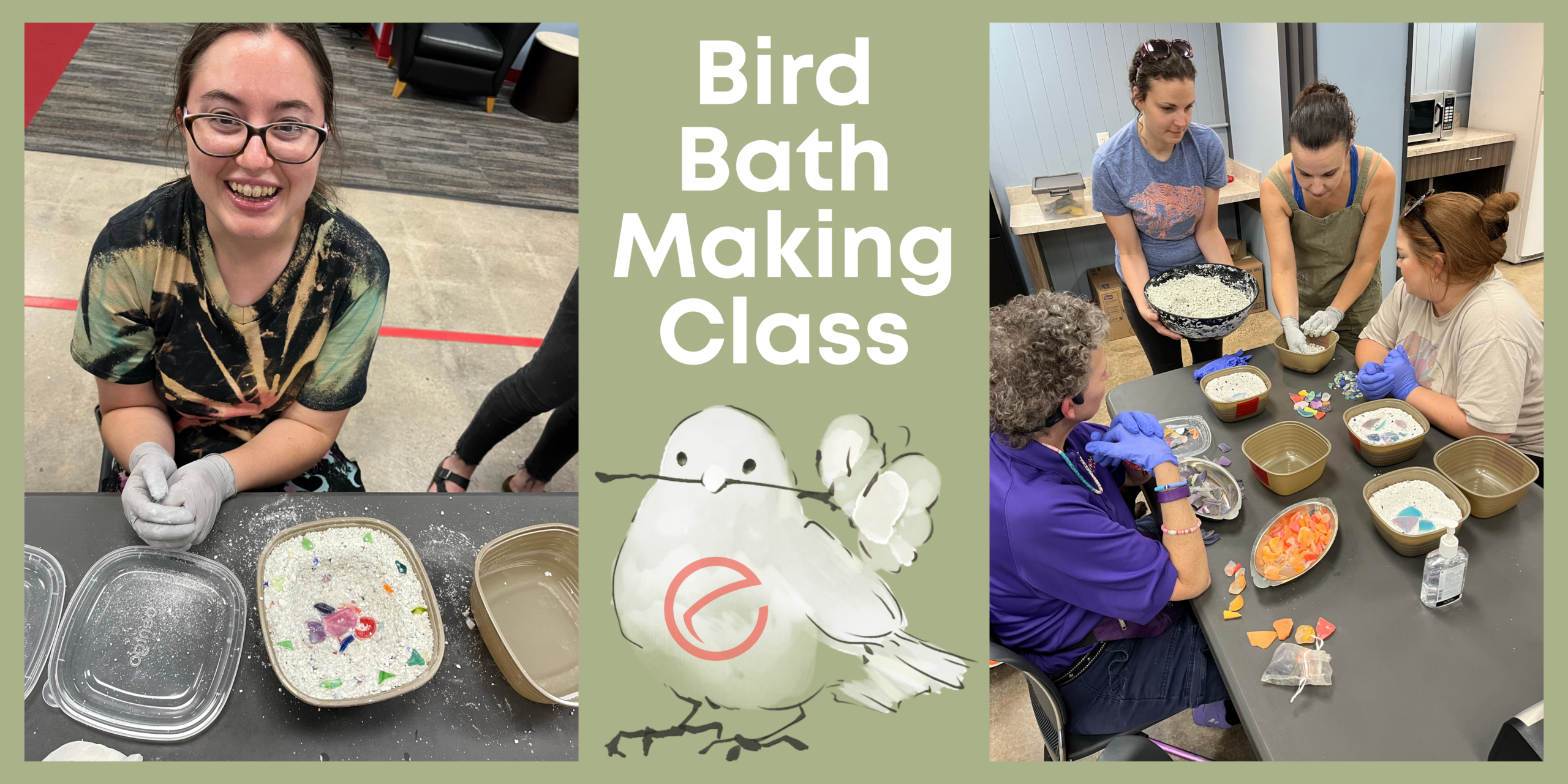 One picture of a young woman smiling making a bird bath, another picture of a group making it together. Words Bird Bath Making Class are over a graphic of a cute bird with the NVO logo on its chest holding a flower in its mouth.