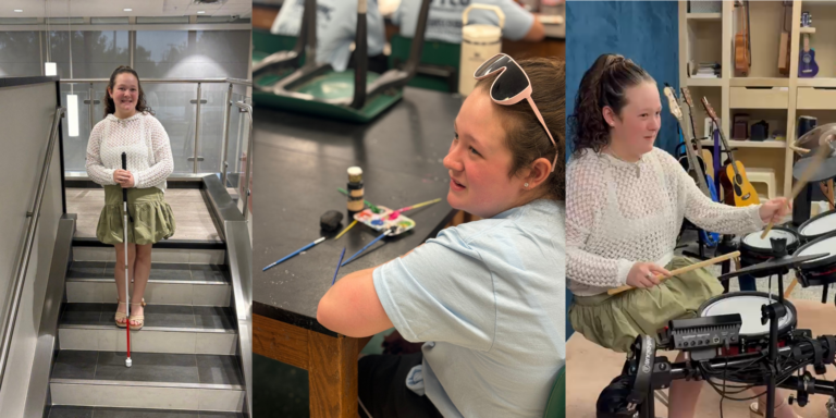 Collection of three photos of Bella, one on the stairs with her white cane, one at OWL Camp painting, and one in the NewView Music Lab playing the drums.