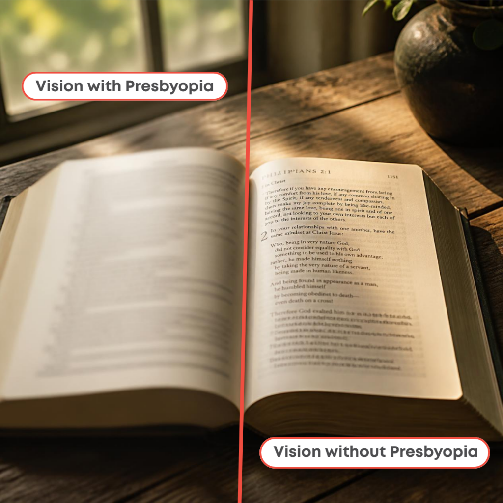A book lying open on a table. On the left is vision with presbyopia and is too blurry to read the book. On the right is vision without presbyopia and is clear and legible. 