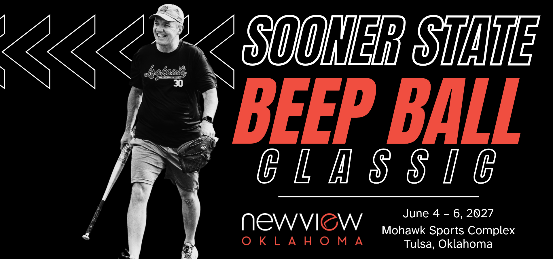 A man wearing a Lookouts shirt holding a baseball bat next to the Sooner State Beep Ball logo. June 4 through 6 2027 at Mohawk Sports Complex in Tulsa Oklahoma